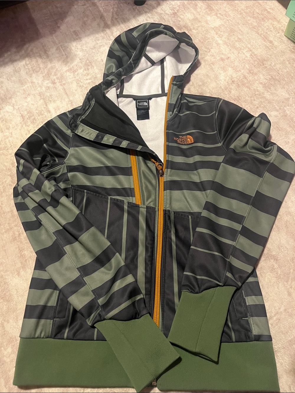 The North Face Women’s Olive & Black Striped Hooded Bomber Jacket